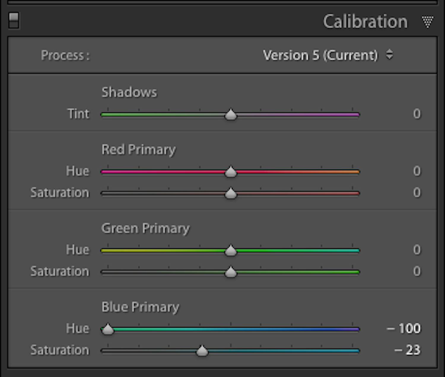 Calibration panel i Lightroom